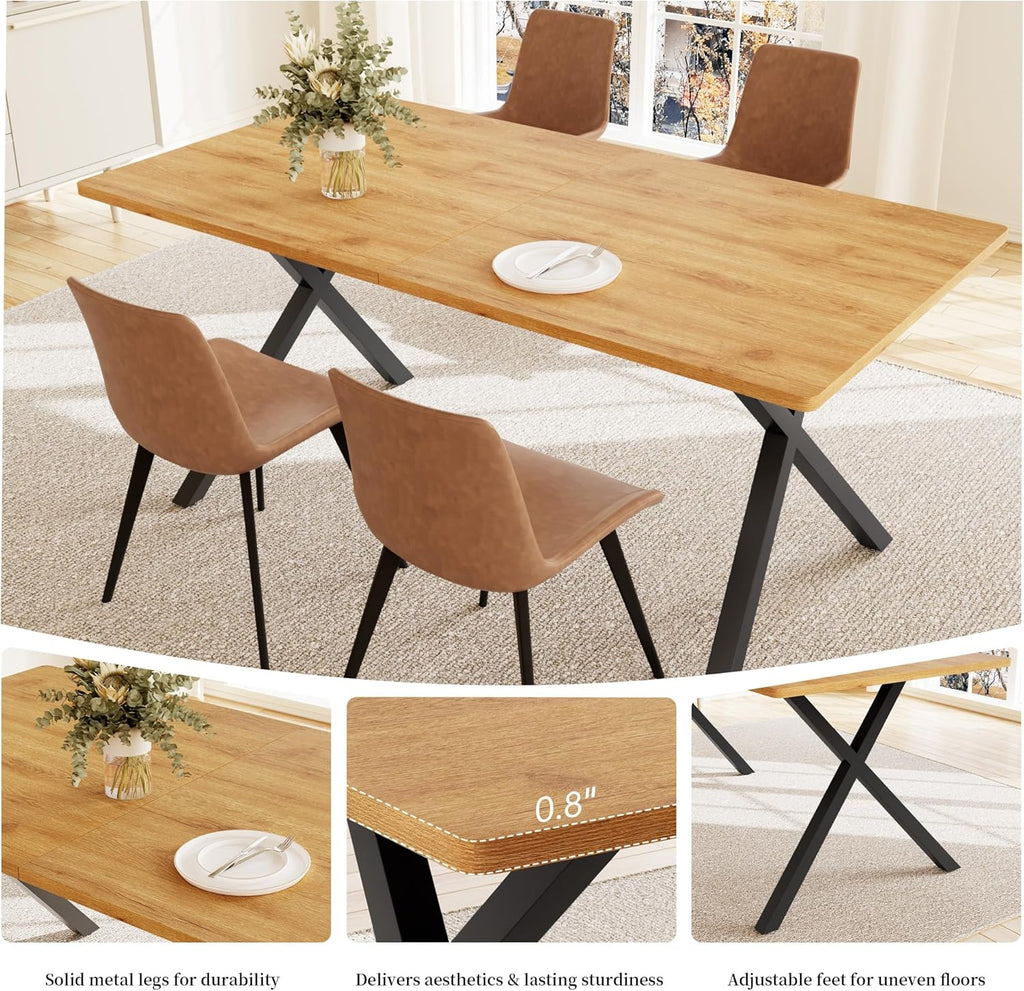 5-Piece Dining Table Set for 4-6 People, 63" MDF Kitchen Table with 4 Upholstered Chairs, Metal Legs for Dining Room, Kitchen(Oak Table+4 Brown Chairs)