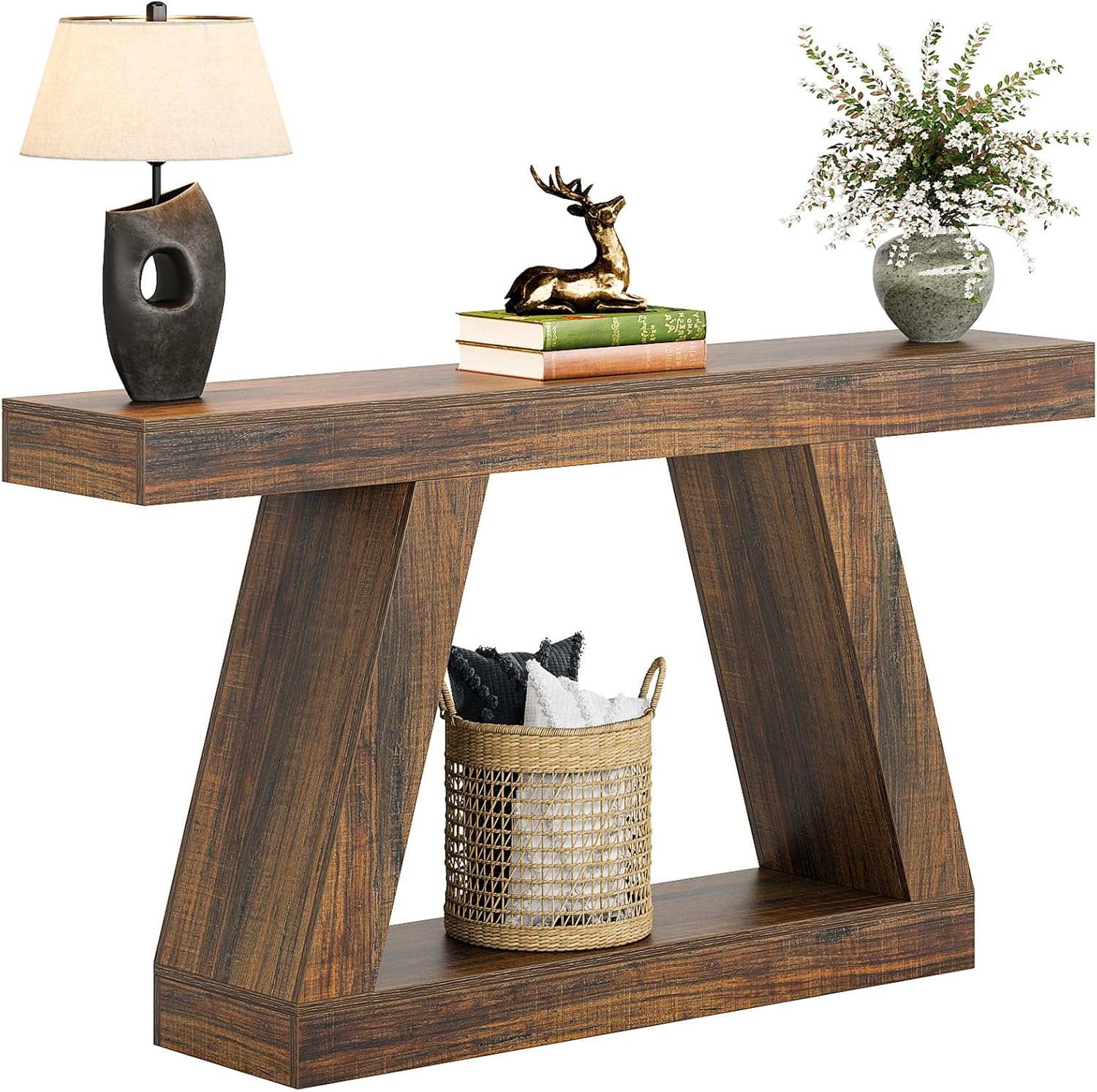 Tribesigns Farmhouse Console Table, 55-Inch Rustic Sofa Table with Storage, Industrial Wooden Entryway Table for Hallway, Living Room, Dark Brown
