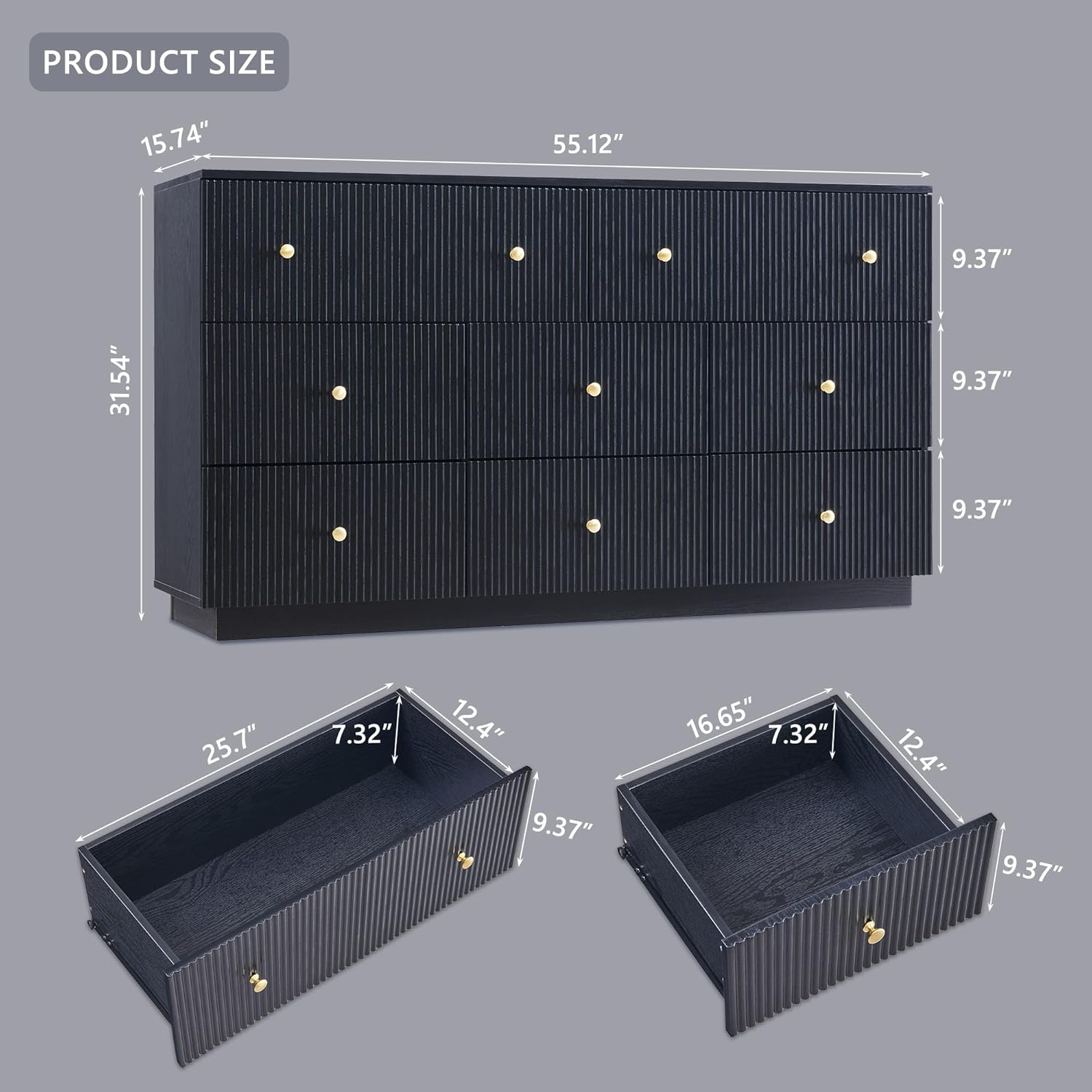 Fluted Dresser for bedroom, 55"W Black 8 Drawer Dressers, Wood Tall Dresser Storage Organizer, Modern Bedroom Chest of Drawers with Deep Storage for Closet Hallway, Entryway, Living Room Black