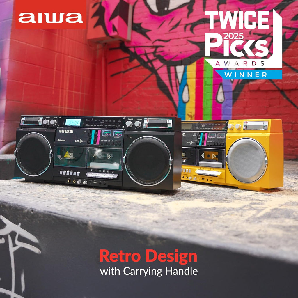 aiwa Retro Boombox CD Player with Cassette Recording  Bluetooth 5.0  FM/AM Radio  USB/SD/AUX Inputs  VU Meters  LCD Display  Dual 40W Speakers - Yellow