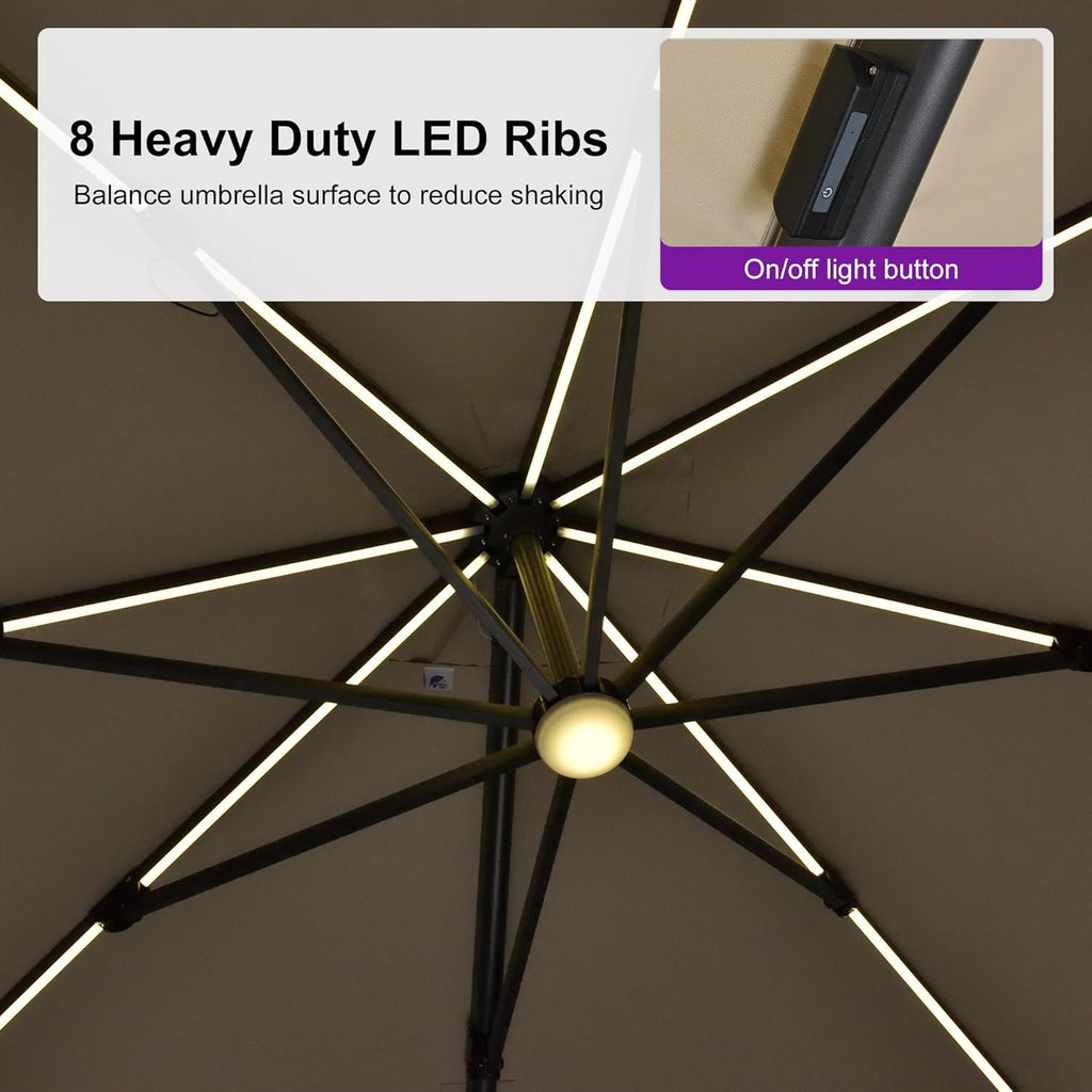 PURPLE LEAF 10 Feet Patio Umbrella Outdoor Cantilever Solar Powered LED Swivel Square Umbrella Aluminum Offset Umbrella with 360-degree Rotation for Garden Deck Pool Patio  Beige