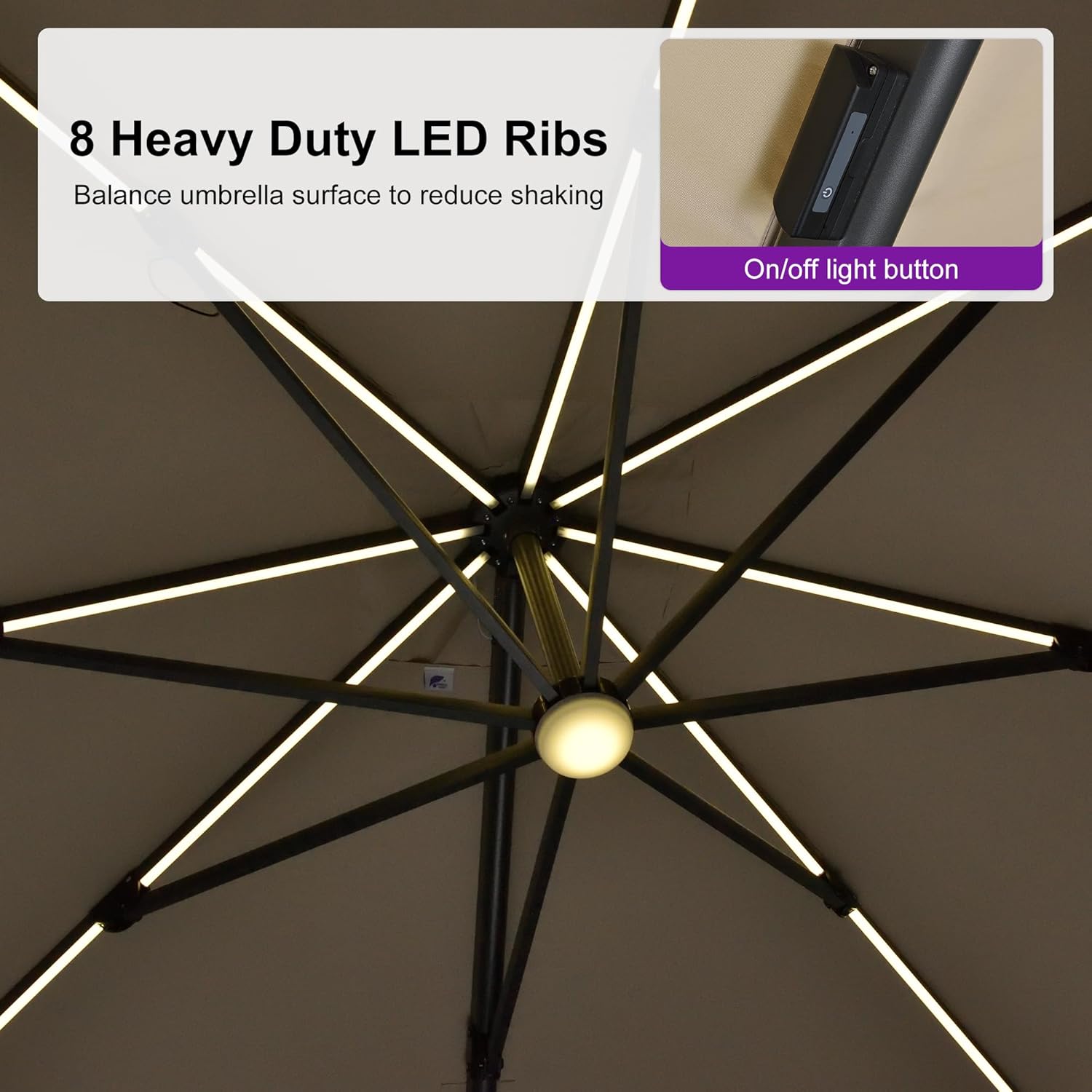 PURPLE LEAF 10 Feet Patio Umbrella Outdoor Cantilever Solar Powered LED Swivel Square Umbrella Aluminum Offset Umbrella with 360-degree Rotation for Garden Deck Pool Patio  Beige