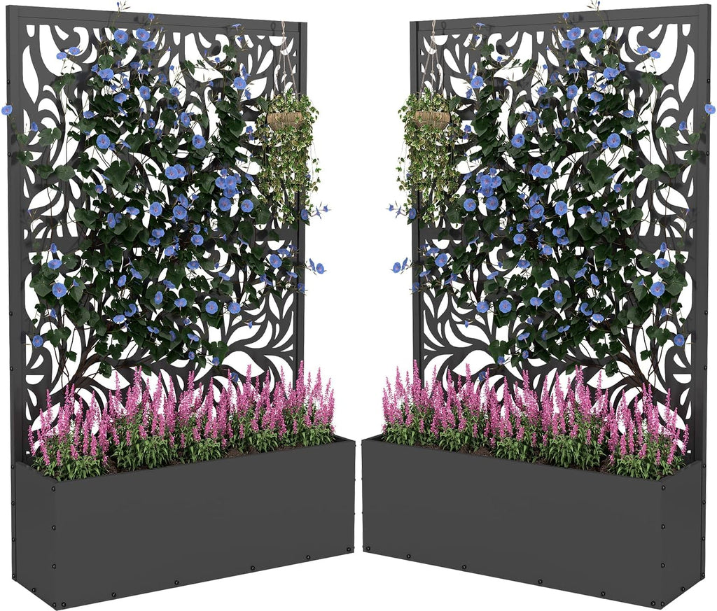 2PCS Metal Planter Box with Trellis 70.9"x47.2"x15.7" Raised Garden Bed with Drainage Holes  Privacy Planters for Outdoor Garden Bed for Climbing Plants Vegetables and Vines  Black-Flower