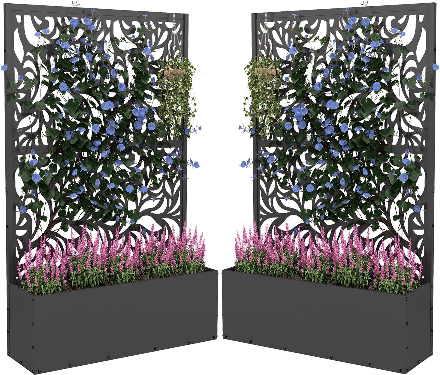 2PCS Metal Planter Box with Trellis 70.9"x47.2"x15.7" Raised Garden Bed with Drainage Holes  Privacy Planters for Outdoor Garden Bed for Climbing Plants Vegetables and Vines  Black-Flower