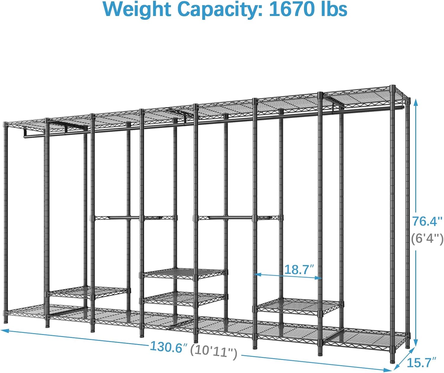 VIPEK V70 Extra Large Clothes Rack Heavy Duty Garment Rack, Freestanding Wardrobe Metal Closet for Hanging Clothes, Bedroom Organizer and Storage, Max Load 1670lbs, Black