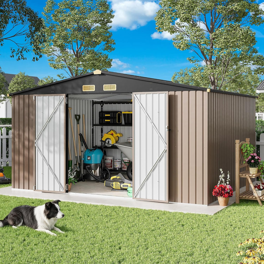 IRONCK 10x12FT Outdoor Storage Shed  Metal Garden Tool Shed with Breathable Vent and Lockable Doors  Outside Storage for Backyard  Poolside  Patio  Brown