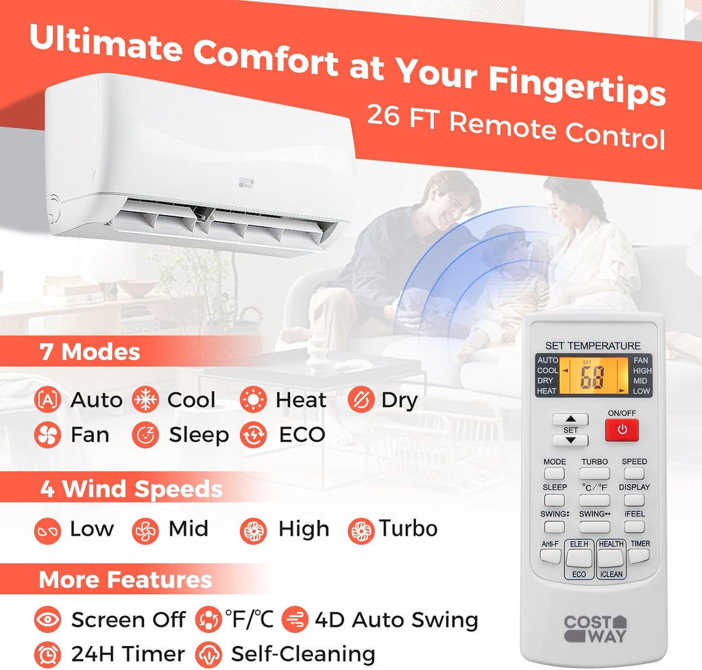COSTWAY 9000BTU Mini Split Air Conditioner& Heater, 19 SEER2 115V Wall-Mounted Ductless AC Unit Cools Rooms up to 450 Sq. Ft, Energy Efficient Inverter AC with Heat Pump (Blast Series)
