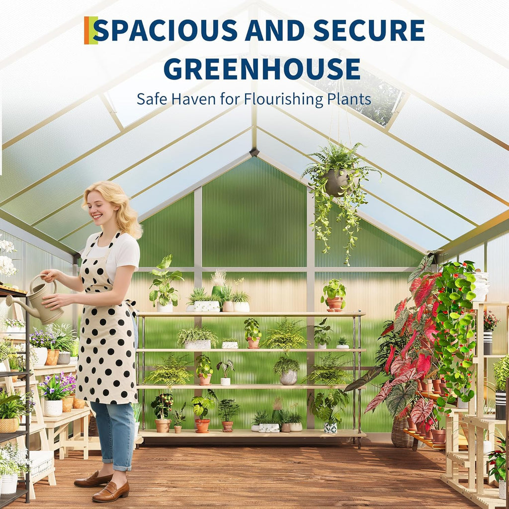 6 x 10 ft Greenhouse  Greenhouses for Outside  Polycarbonate Greenhouse with Aluminum Frame  Lockable Door and Ajustable Roof Vent for Backyard  Green Houses for Outside Garden Backyard  Patio