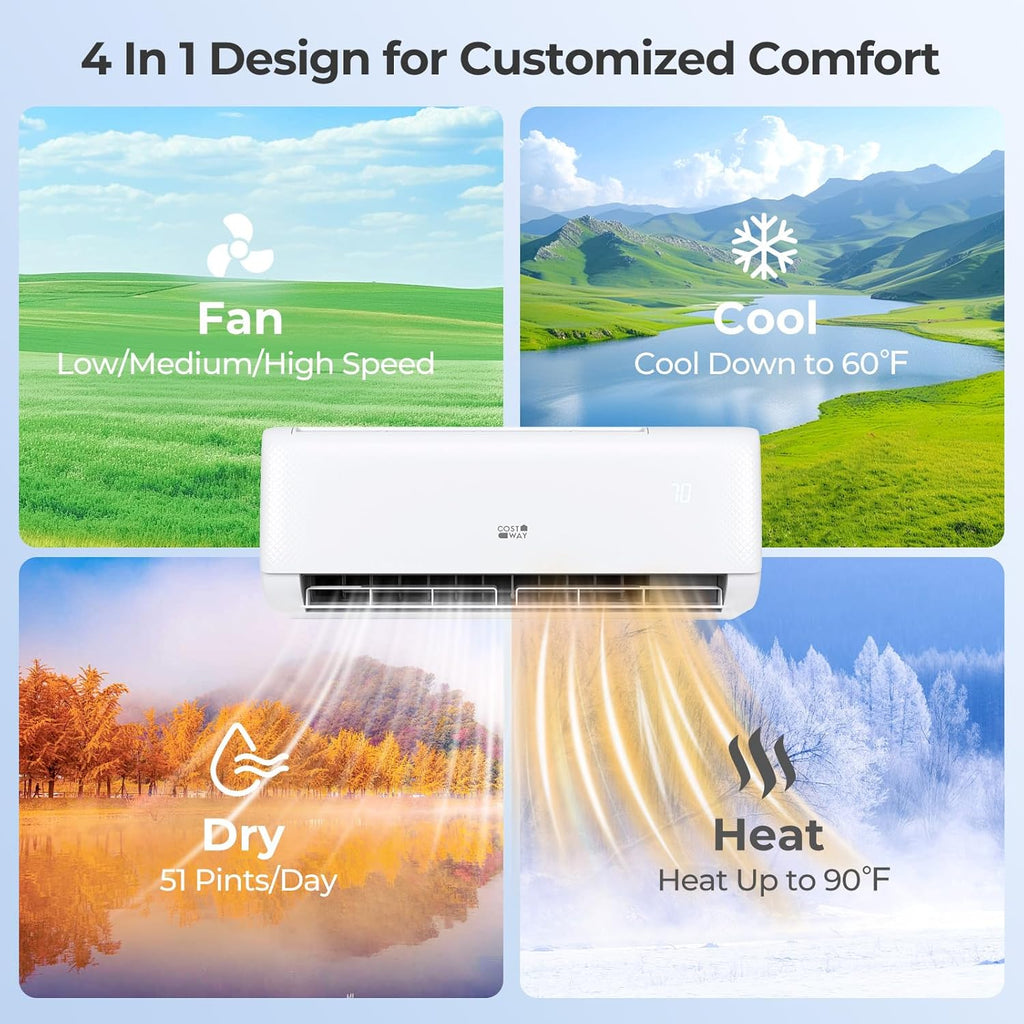 COSTWAY 12000 BTU Mini Split Air Conditioner, with Heat Pump, 22 SEER2 115V Inverter, 24H Timer, Auto Clean, Remote Control for Rooms up to 750 Sq.Ft (Airtural Series)