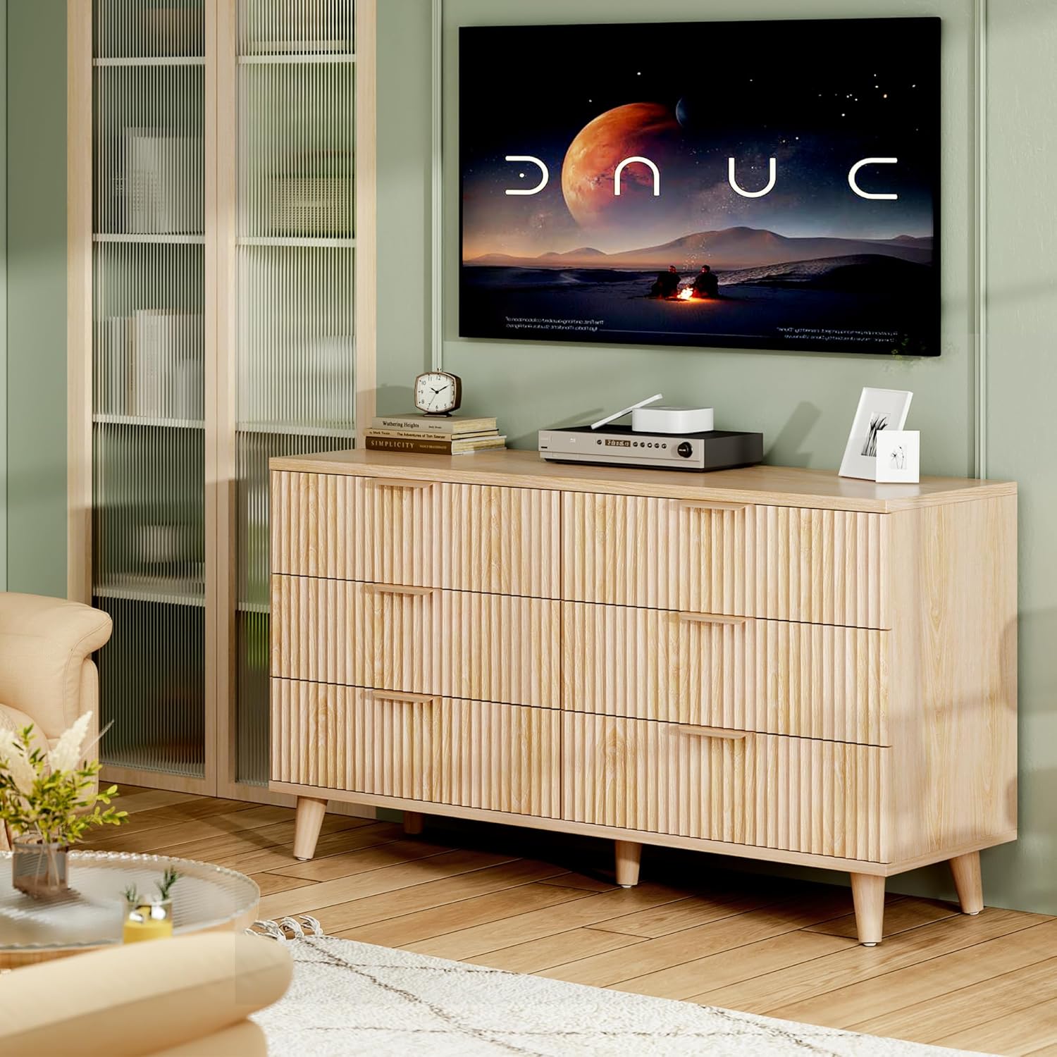 Lulive Dresser for Bedroom Wood Dressers Chest of Drawers, Fluted 53.2" Wide Modern Long Dresser TV Stand 6 Drawers for Bedroom, Closet, Living Room, Hallway (Natural)