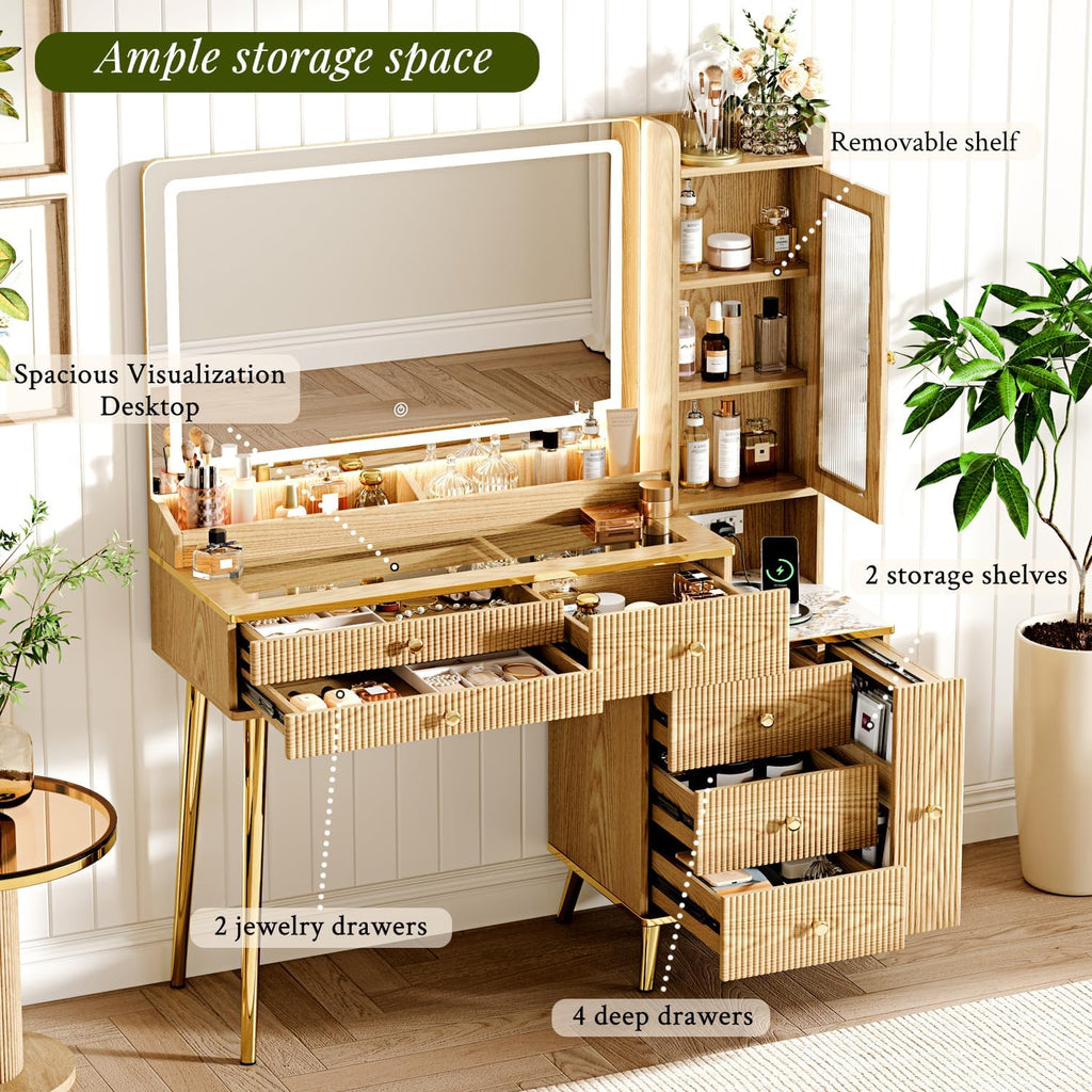 Vanity Desk with 35.12" HD Lighted Mirror, 46.85" Big Modern Vanity Desk with Mirror and Lights, Makeup Vanity with 7 Drawers and Storage Shelves and Charging Station, Oak