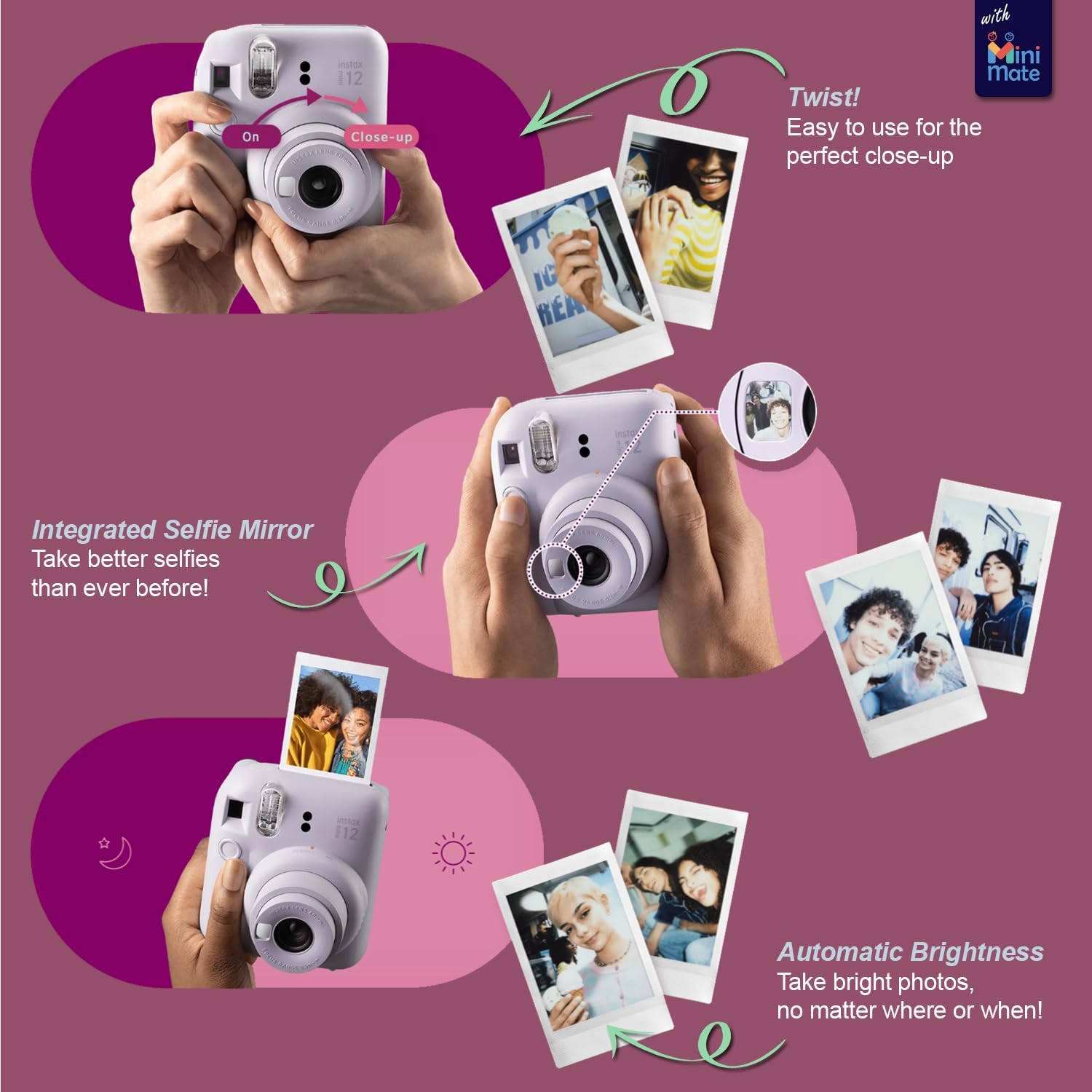 Fujifilm Instax Mini 12 Instant Camera Lilac Purple + Carrying Case + Fuji Instax Film Value Pack (40 Sheets) Accessories Bundle  Color Filters  Photo Album  Assorted Frames
