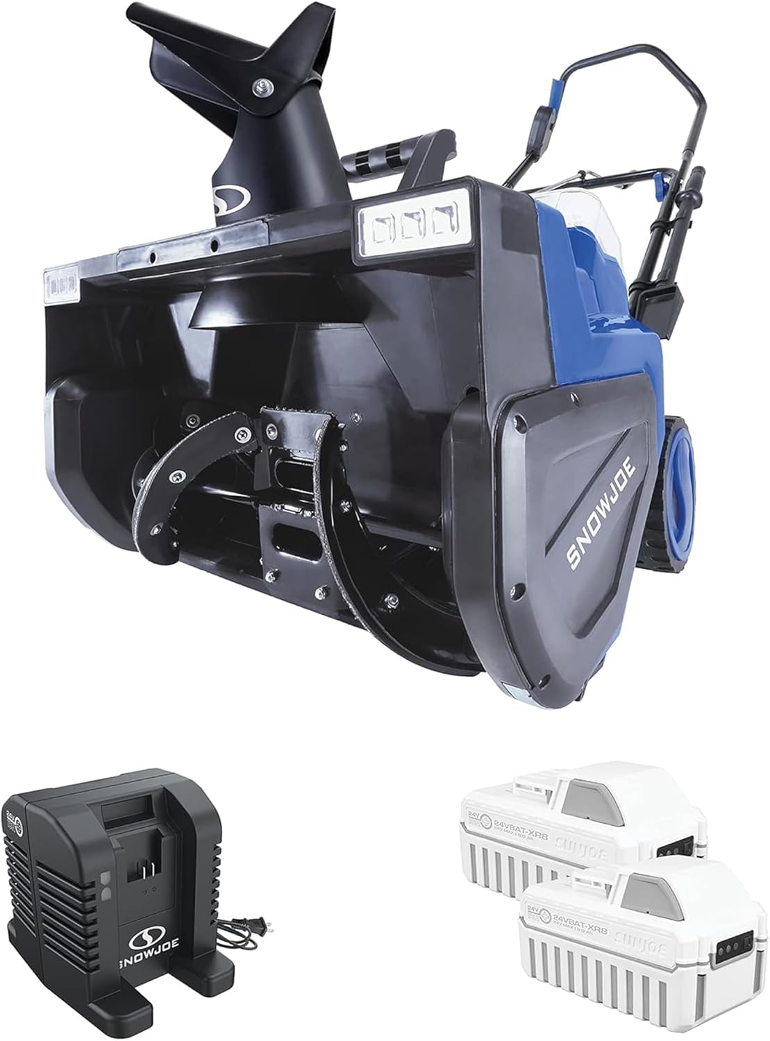 Snow Joe 48V Cordless Snow Blower Kit with 2X 8Ah Batteries  Dual-Port Charger & LED Headlights  1600W Brushless Motor  22" Clearing Path - Ice Removal for Driveways  Patios & Sidewalks  24V-X2-SB22