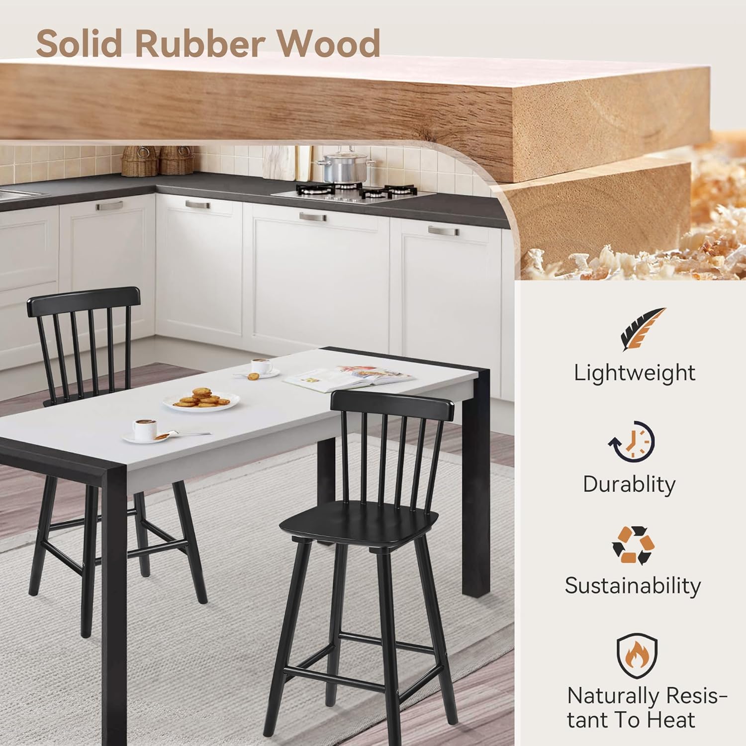 LUE BONA Windsor Wooden Bar Stools Set of 3 for Kitchen Island, Farmhouse 24 Inch Counter Height Stools Chairs with Spindle Back, Black