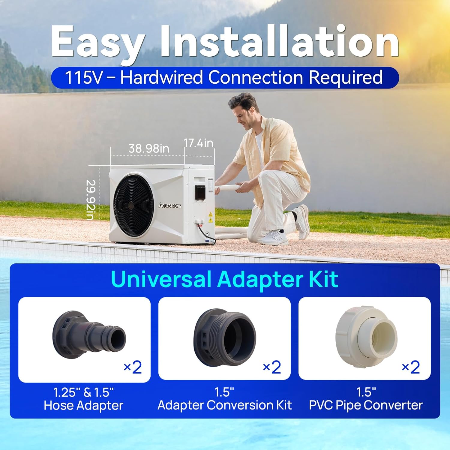 AQUASTRONG Inverter Swimming Pool Heat Pump Pool Heater for Above Ground and Inground Pool Heating and Cooling Pool Heater  Smart WiFi Control Pools Up to  9000 Gallons