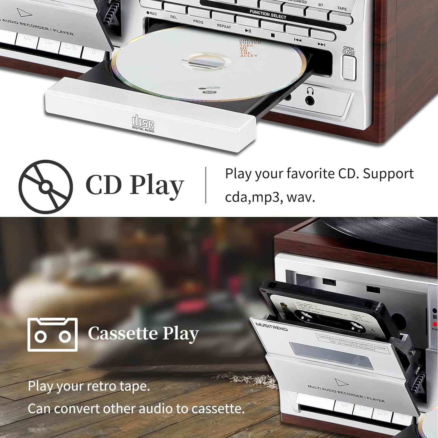 Record Player 9 in 1 3 Speed Bluetooth Vintage Turntable CD Cassette Vinyl Player AM/FM Radio USB/SD Playback Aux-in RCA Line-Out (Silver)