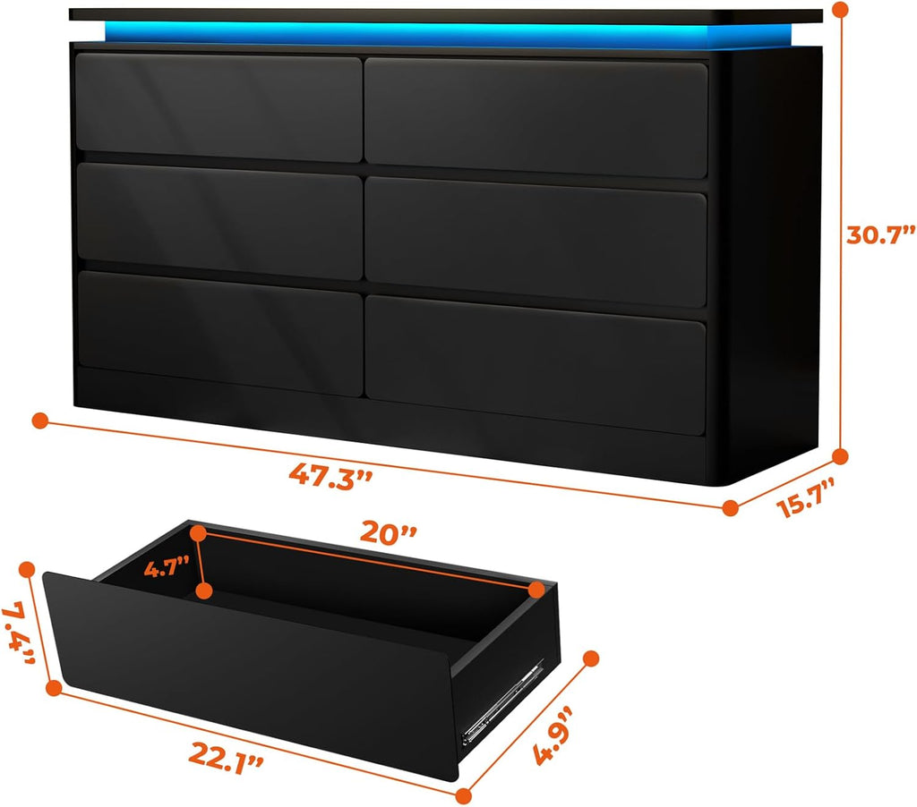 6 Drawer Dresser for Bedroom, 47.2" Long Black Chest of Drawers with Charging Station & LED Lights,Curved Profile Design,Double Wooden Closet Storage Cabinet,Modern Dresser TV Stand with Deep Drawers