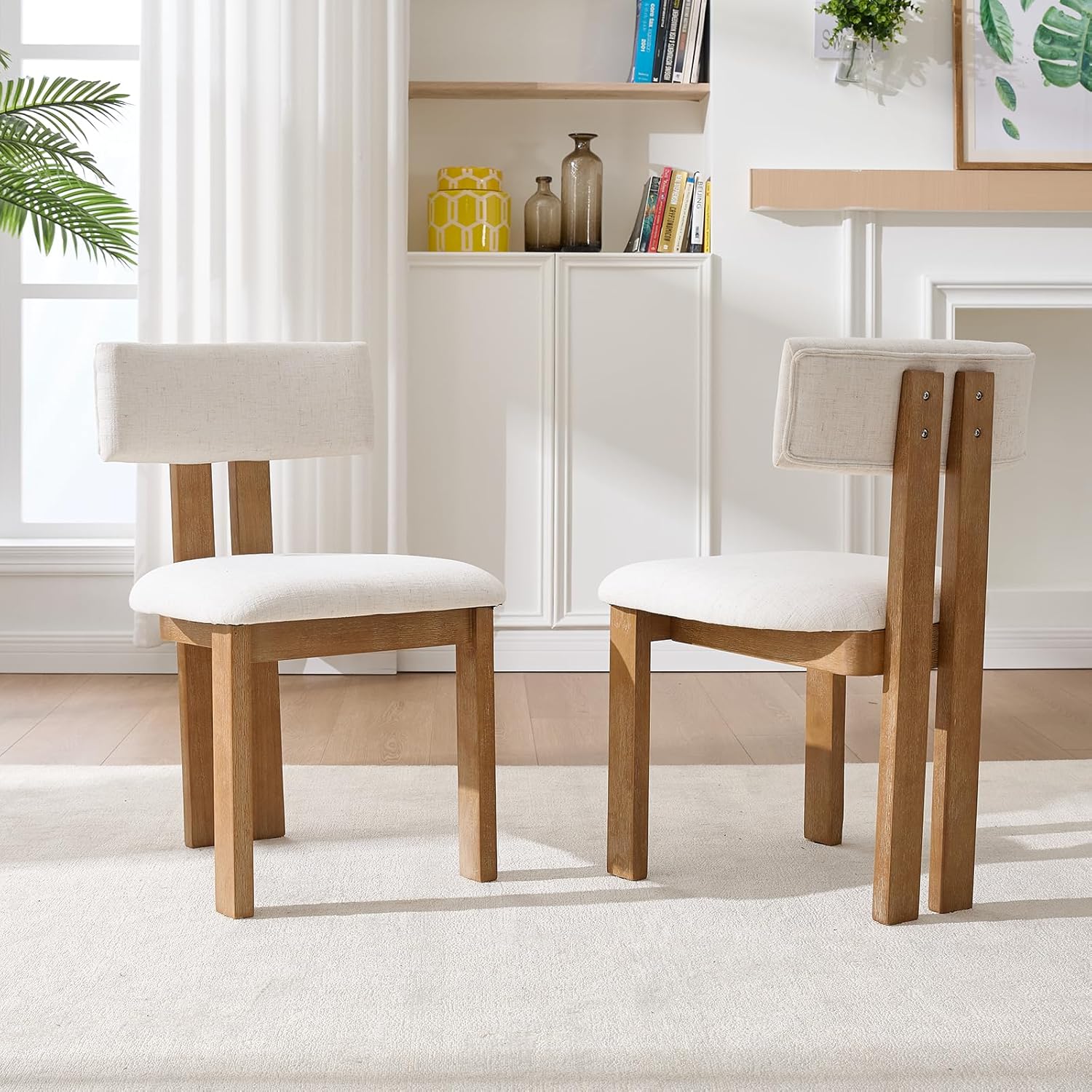 Kmax Farmhouse Dining Chair Set of 6, Linen Fabric Kitchen Chair Curved Back Armless Dining Room Chairs with Walnut Wood Legs for Family Diner, White
