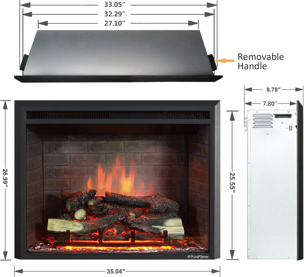 PuraFlame Western Electric Fireplace Insert with Fire Crackling Sound, Remote Control, 750/1500W, Black, 33 1/16 Inches Wide, 25 9/16 Inches High