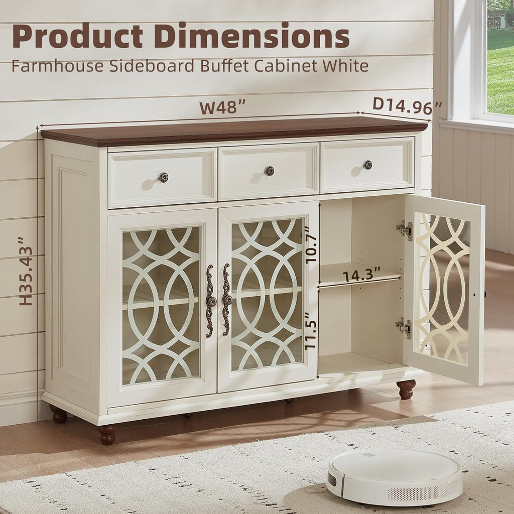 Farmhouse Sideboard Buffet Cabinet with Storage,48" Large Credenza with 3 Glass Doors & 3 Drawers,Adjustable Shelves Console Table,Wood Kitchen Coffee Bar for Dining Room,Living Room,White