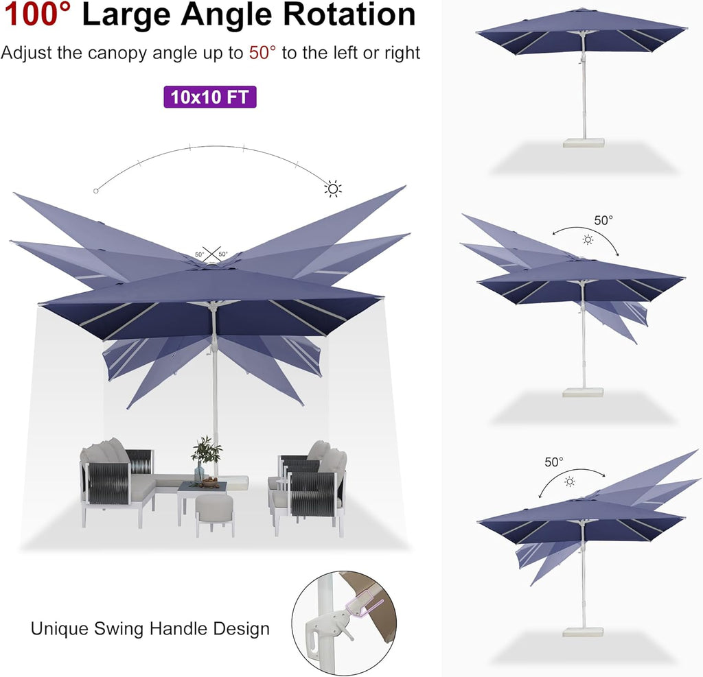 PURPLE LEAF 10 FT Right-left Tilt White Cantilever Umbrella with Base Patio Outdoor Swivel Umbrellas with Aluminum Tilt Offset Umbrella with 360° Rotation for Deck Pool, Navy Blue