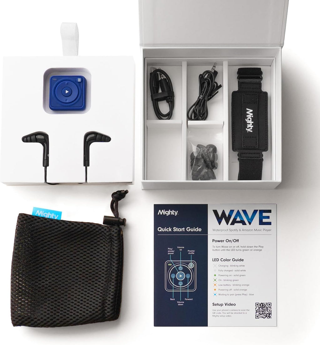 Mighty Wave Waterproof IPX7 Spotify & Amazon Music Player - Includes Waterproof Wired Headphones - Perfect for Swimming - Music + Podcasts