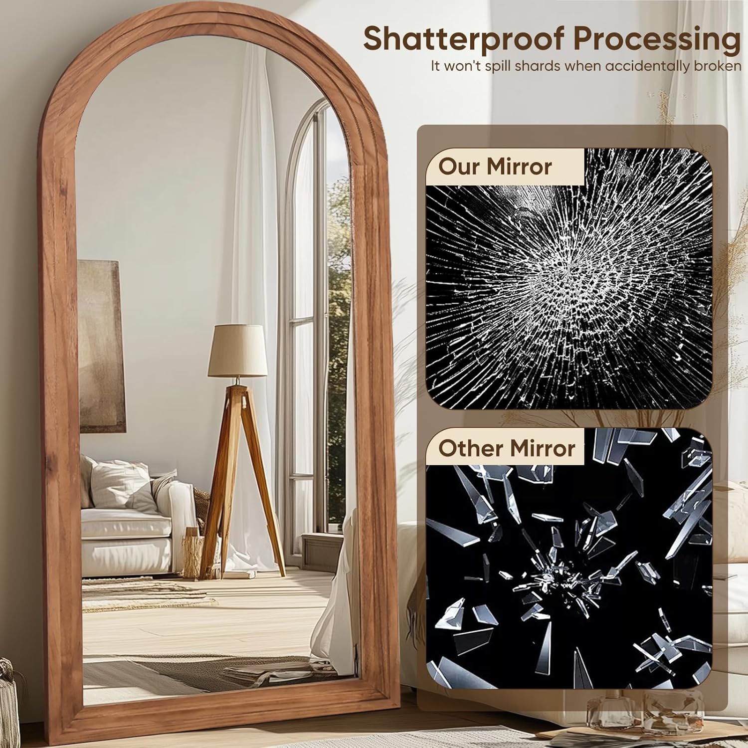 Full Length Mirror, 76"×34" Wooden Mirror Full Length with Stand Wood Floor Mirror, Oversized Stand Up Mirrors Large Wall Mirrors, Wall Mounted Mirrors, Arched Vintage Style, Browm