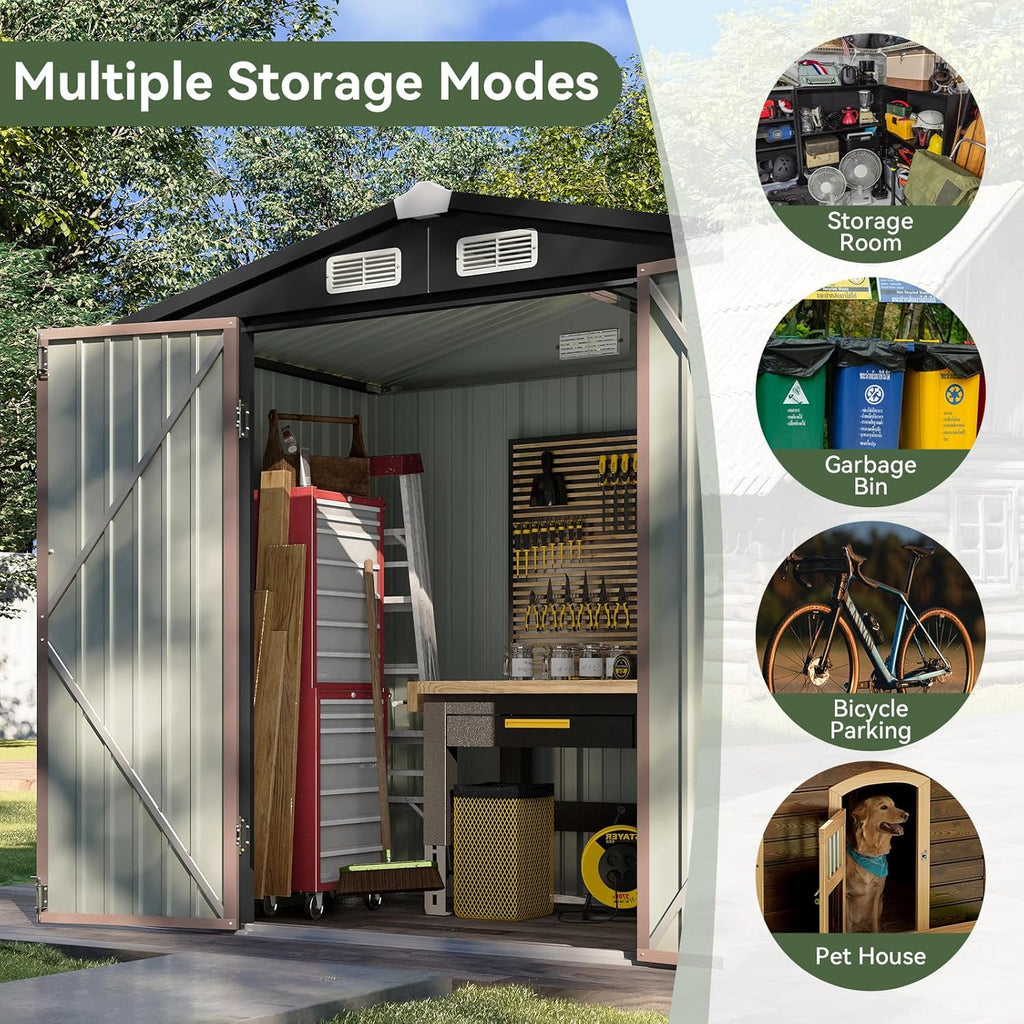 Aoxun 6.2x4 FT Shed Outdoor Storage Shed with Lockable Doors & Slooping Roof Metal Garden Tool Shed for Backyard  Patio  Poolside (Brown)