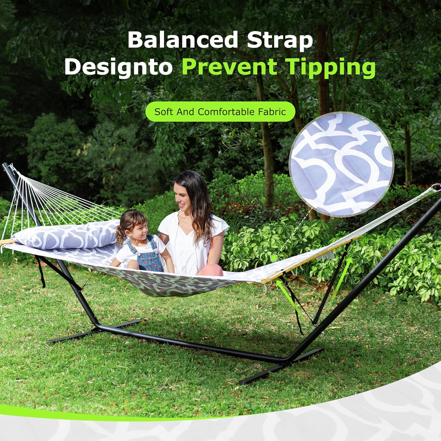 Double Hammock with Stand for Outdoor  Heavy Duty Portable Hammock with Adjustable Steel Stand for Patio  Garden  Beach  Backyard - Includes Carrying Bag White Grey