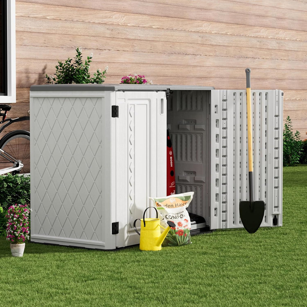 ZZM 4x3FT Heavy-Duty Outdoor Storage Shed | 34 Cu.Ft Waterproof Resin Cabinet with Double-Wall | UV-Resistant & Lockable for Garden Tools  Bikes  Patio Furniture (Wood Grain Texture)