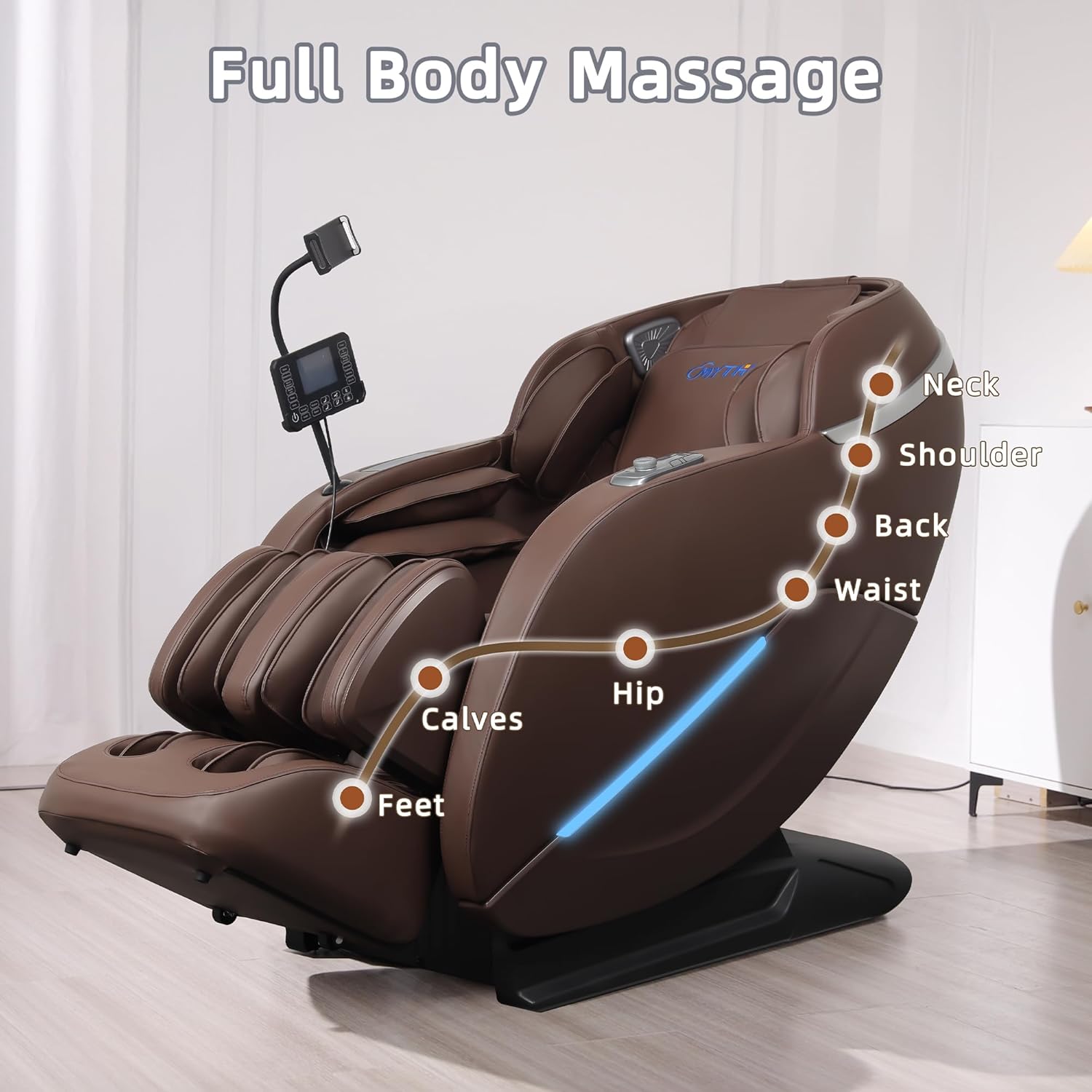 MYTHIA 2026 A303C Massage Chair  Full Body Zero Gravity Recliner with SL Track  Body Scan  12 Auto Modes  Lumbar Heat  Bluetooth App  Wireless Charge  and Foot Rollers for Home and Office (Brown)