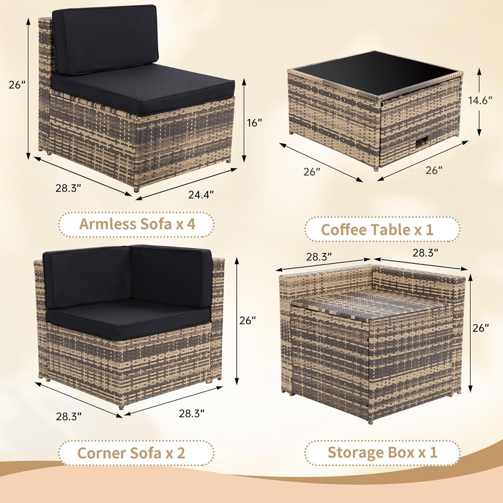 8-Piece Patio Furniture Set  Outdoor Wicker Rattan Sectional with Thick Cushions  Glass Top Table with Hidden Storage  Outdoor Conversation Set for Backyard  Porch  Patio  Black