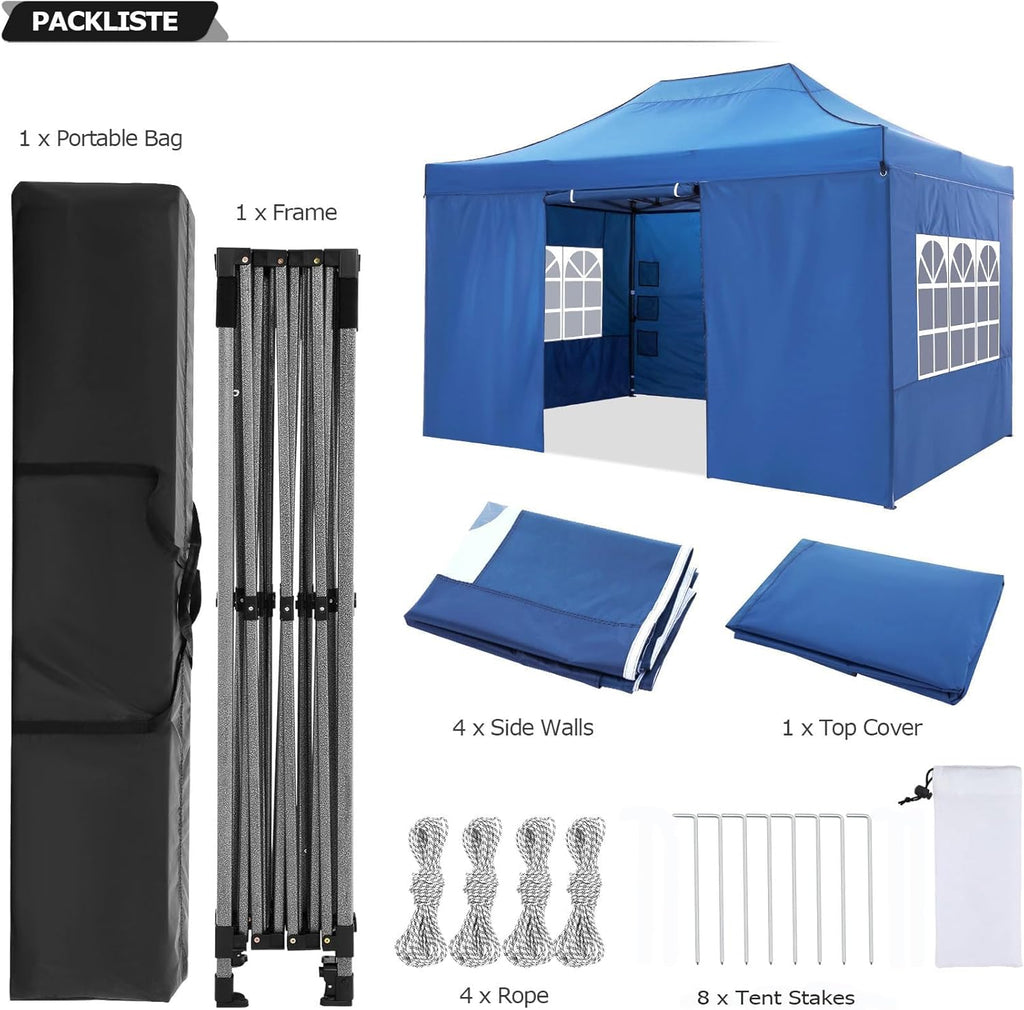 COBIZI 10x15 Pop Up Canopy with 4 Sidewall Heavy Duty Canopy UPF 50+ All Season Wind Waterproof Commercial Outdoor Wedding Party Tents for Parties Gazebo with Carry Bag(10 x 15 ft Blue)