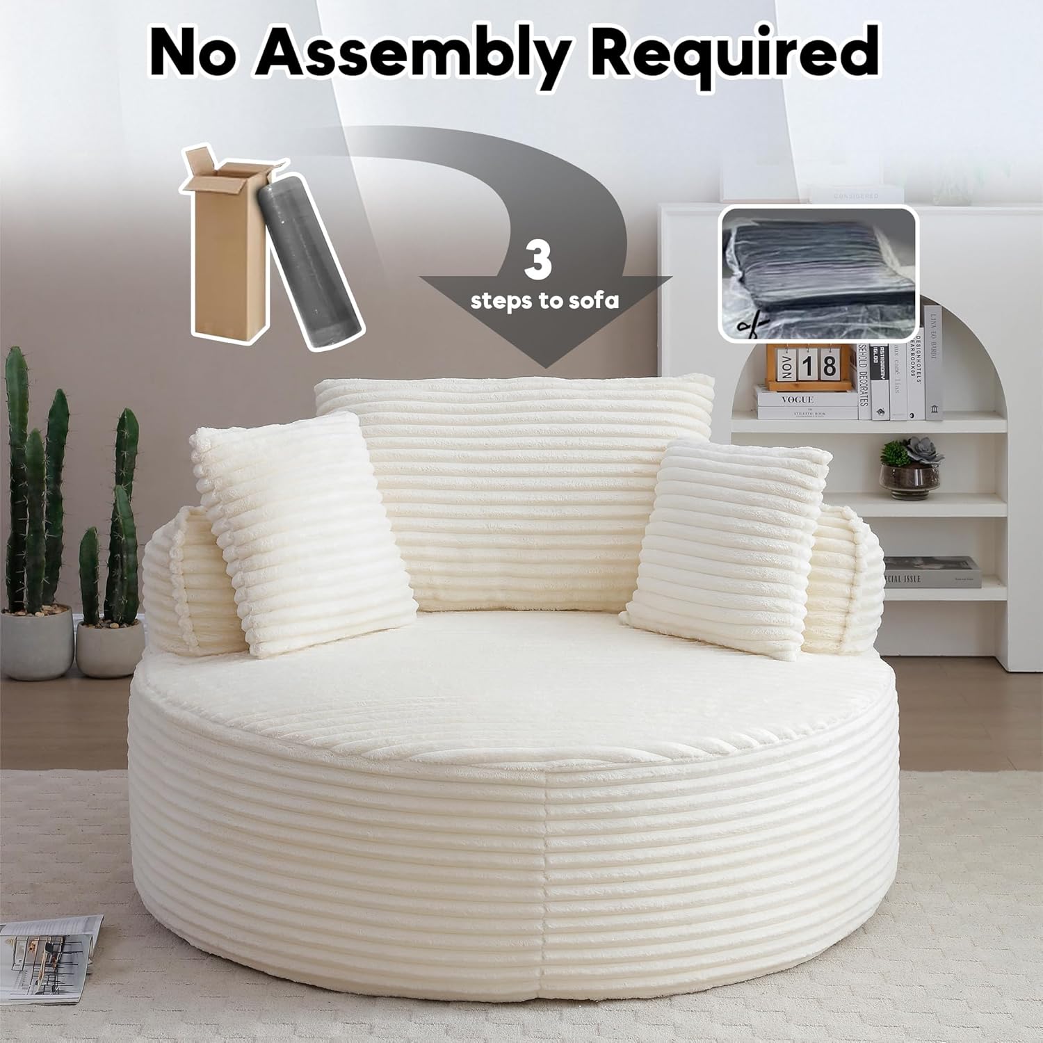 Oversized Round Chair Lounge Chaise Indoor, 53.5" Upholstered Corduroy Deep Seat Single Cloud Sofa Chair, Fluffy Modern Large Circle Boneless Sleeper Sofa for Living Room, Bedroom, Beige White
