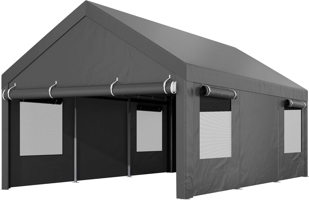 Shintenchi 12x20 FT Heavy-Duty Design Carport Portable Garage Canopy Carport Canopy with Side-Opening Removable Door & Roll-Up Window Portable Car Port for Car  Truck  Boat Grey