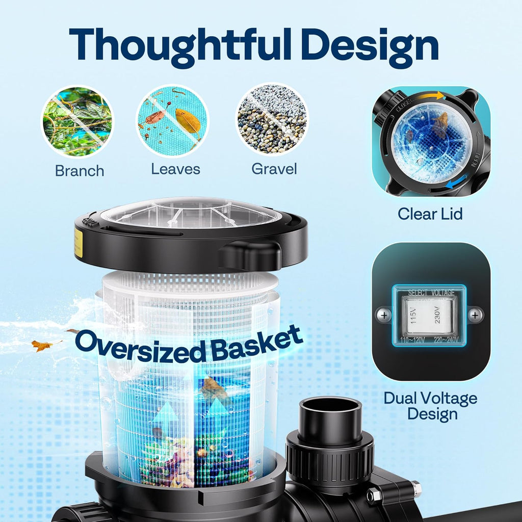 VIVOHOME 2.0HP Pool Pump - 115V/230V Self-Priming Motor - In-Ground/Above Ground - 6800GPH Energy Efficient - 1.5"  2"  and 1.25"-1.5" Connectors w/Strainer Basket