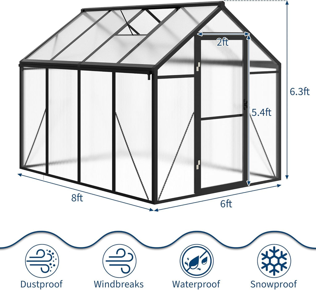 6 x 8 ft Greenhouse  Greenhouses for Outside  Polycarbonate Greenhouse with Aluminum Frame  Lockable Door and Ajustable Roof Vent for Backyard  Green Houses for Outside Garden Backyard  Patio