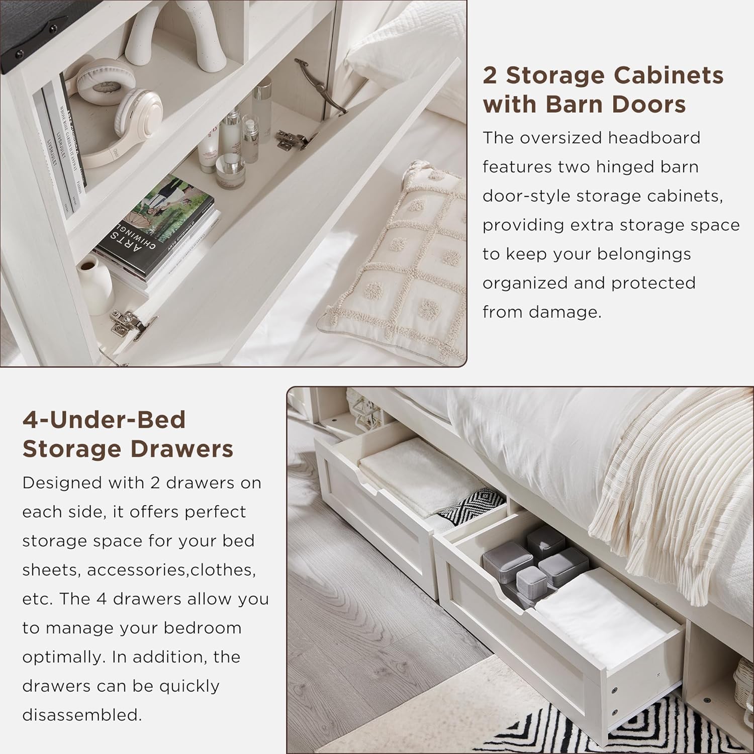 ACCOHOHO Farmhouse Full Size Bed Frame with 52" Tall Storage Headboard and LED Light, Wood Platform Bed with 4 Drawers, Charging Station, Solid Wood Slats Support, No Box Spring Needed, Antique White
