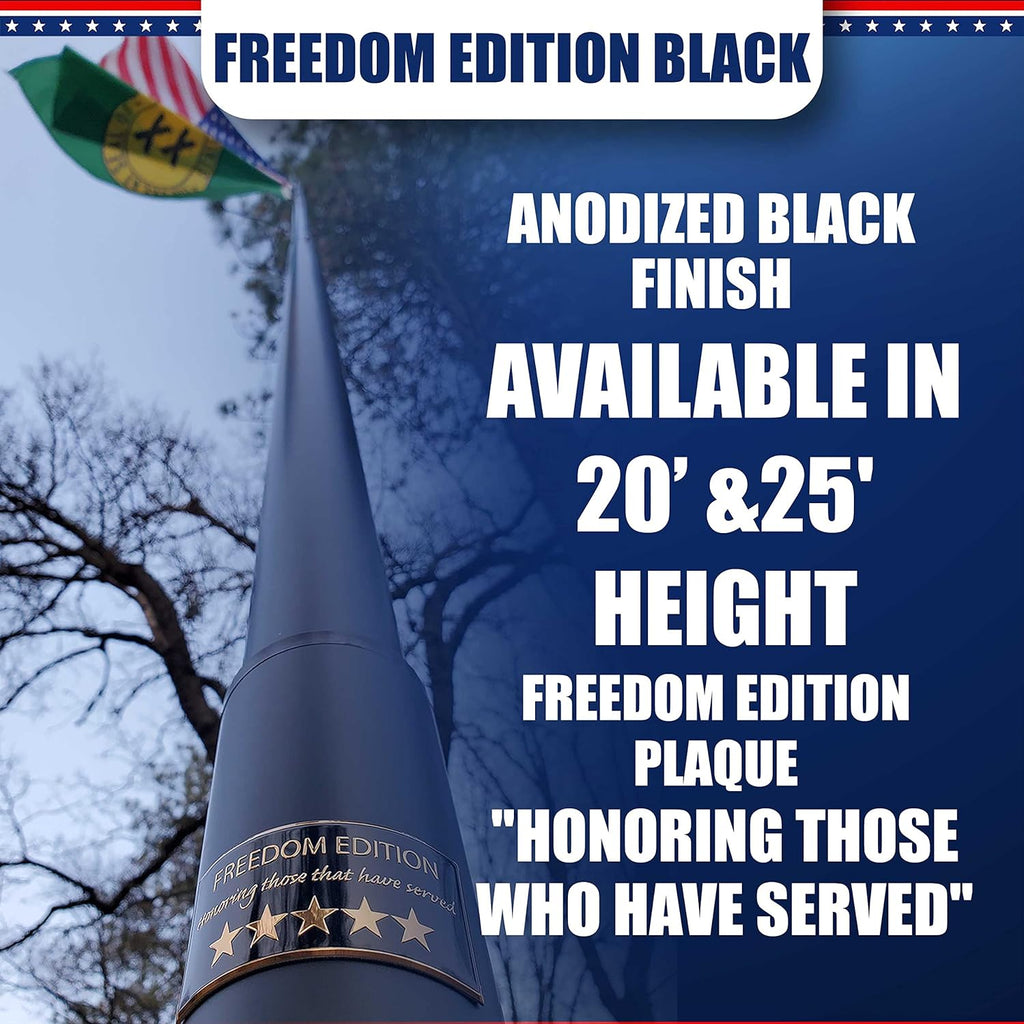 Service First 25FT Flagpole Kit Freedom Edition Black Telescoping For Outside House In Ground - Anti Tangle Swivel Ring Design - 100MPH Wind Tested with single flag
