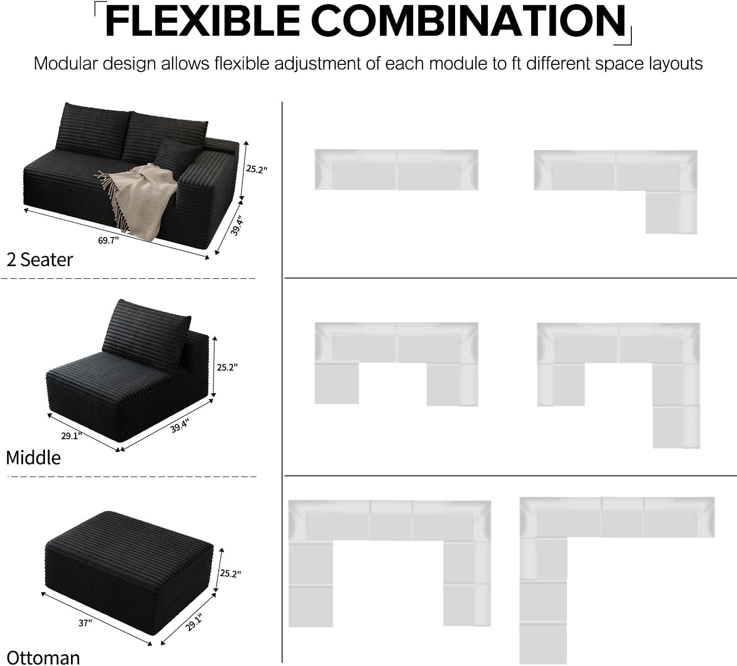 168.5" Modular Sectional Sofa, Oversized U-Shaped Minimalist Couches with 1 Middle Seat and 2 Ottomans Chaise, Modern Deep Seat Convertible Sleeper Sofa, Cloud Plush Corduroy Fabric,7 Seater, Black