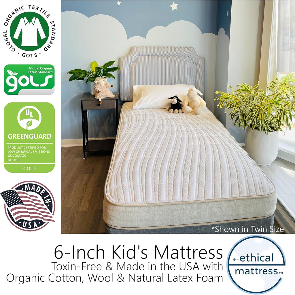 Ethical Mattress CO 6" Kid's Mattress, Toxin-Free, Made in The USA with Organic Cotton, Wool, Latex & Pocketed Coils (Bed-in-a-Box); Perfect for bunk beds, trundles & Platform beds - Twin Size