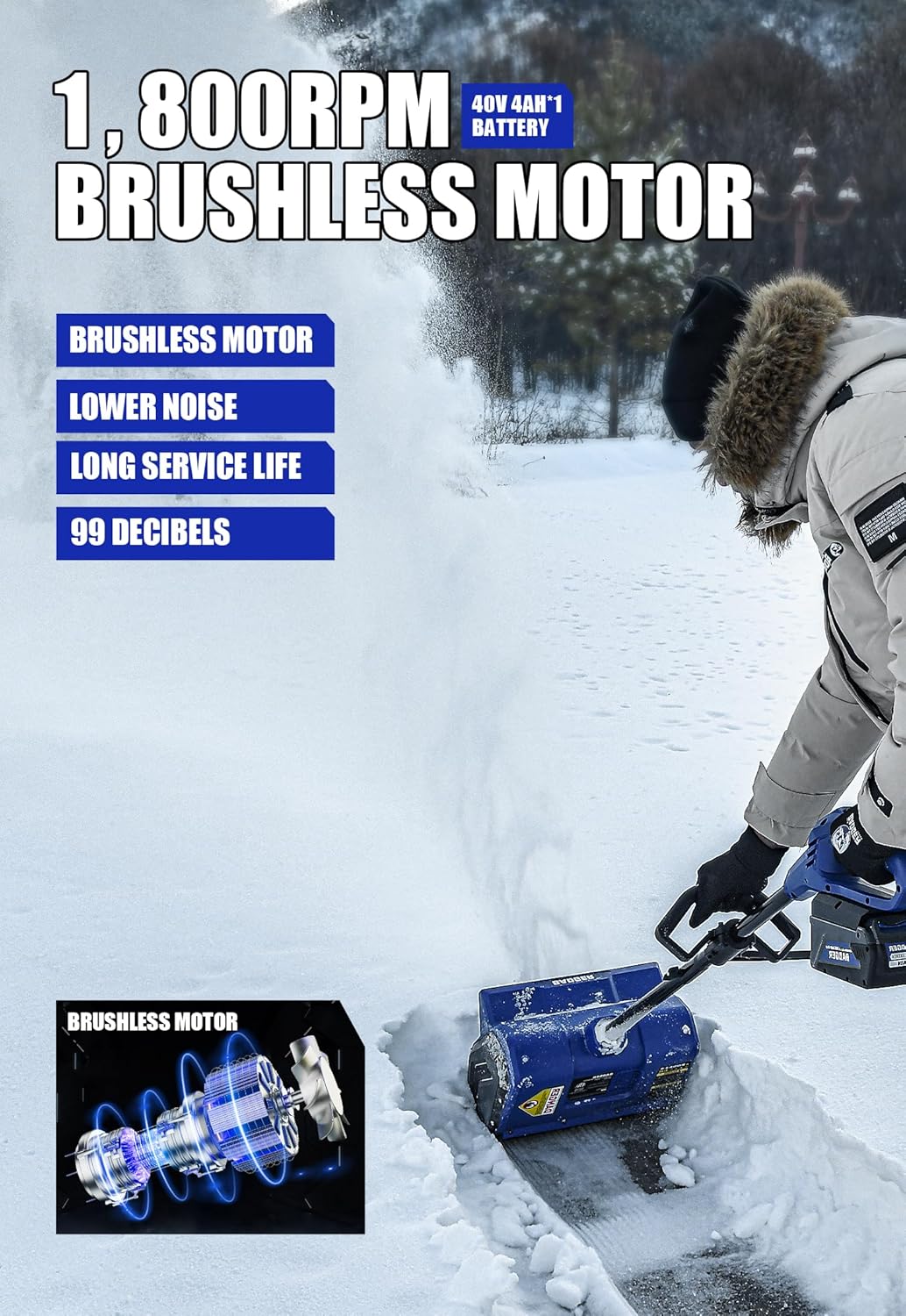 Wild Badger Power 40V Cordless Snow Shovel  12" Brushless  20 FT Throw  8" Depth  4.0Ah Battery & Fast Charger Included  for Steps  Porches  Walkways & Driveways