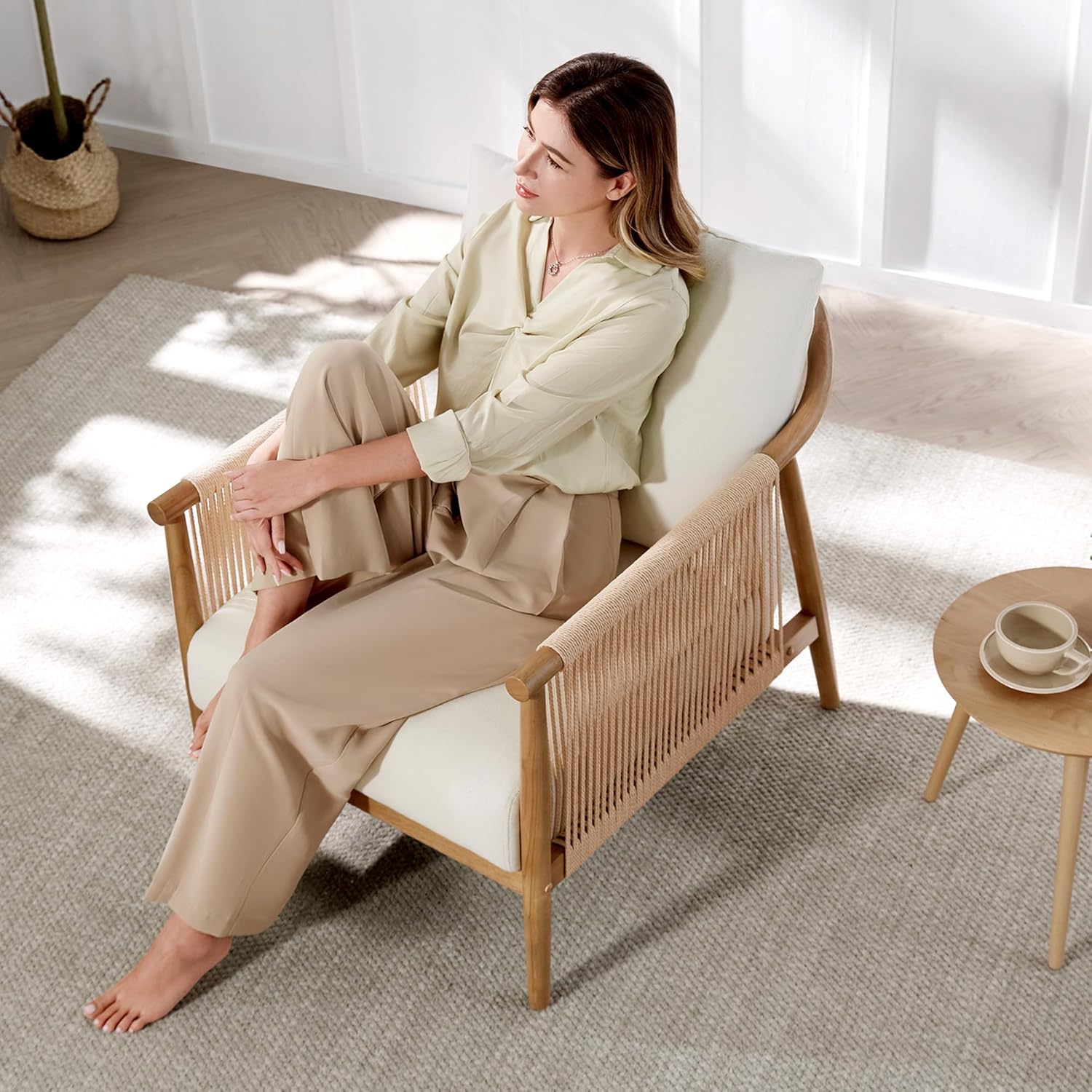CHITA Braid Accent Chair Set of 2, Modern Armchair with Solid Wooden Armrest for Living Room and Bedroom, Boho Reading Chair, Cream