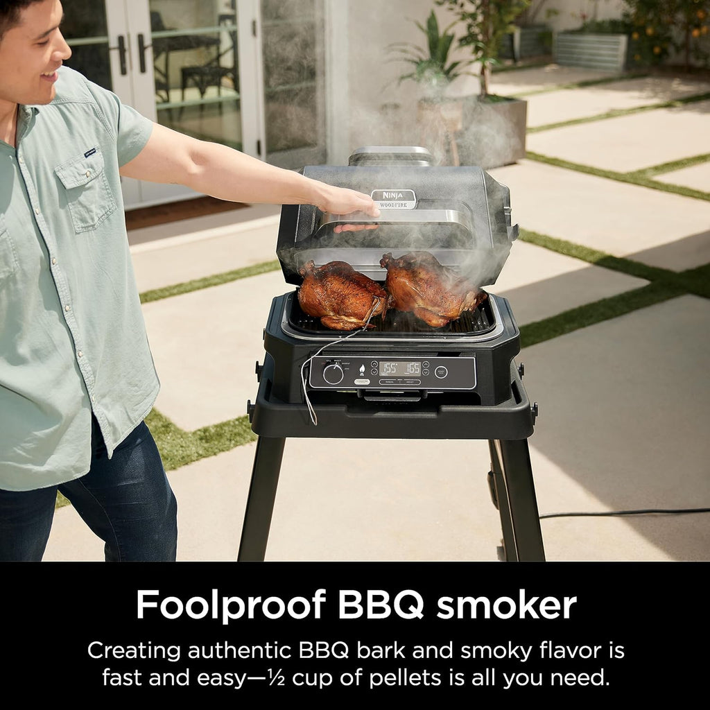 Ninja | Grill & Smoker | Outdoor Woodfire Pro XL | 4 in 1 Grill  BBQ Smoker  Air Fryer & Bake | Portable | Includes Built in Thermometer & 2 Woodfire Pellet Packs | Dark Grey | OG850