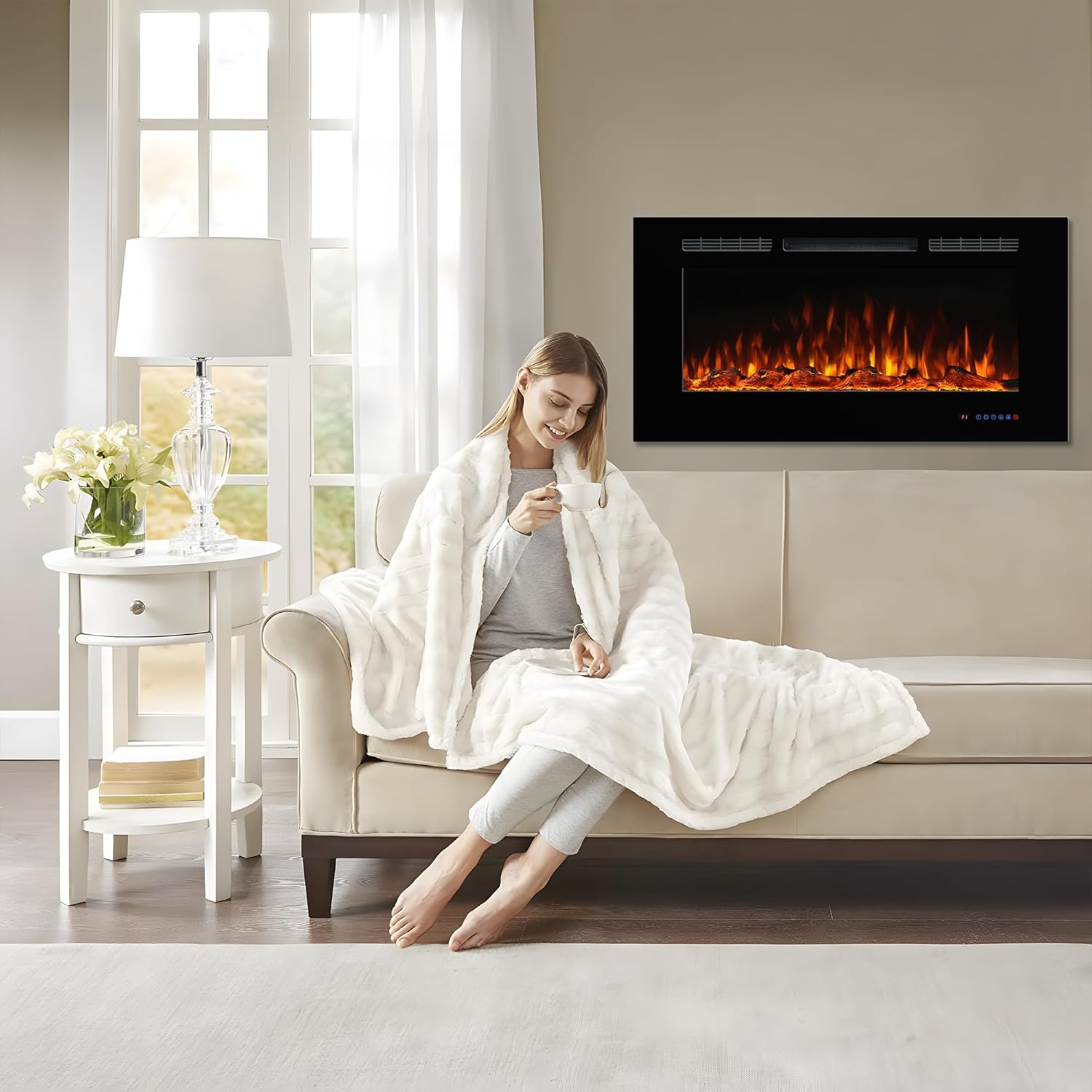 Electric Fireplace 40 inch Wide 26.5" High, Wall-Mounted & Recessed Fireplace Inserts, Multicolor Flame w/5 Dimmer, Remote Control Thermostat, Timer, Hardwire Connect, 1500W,Black
