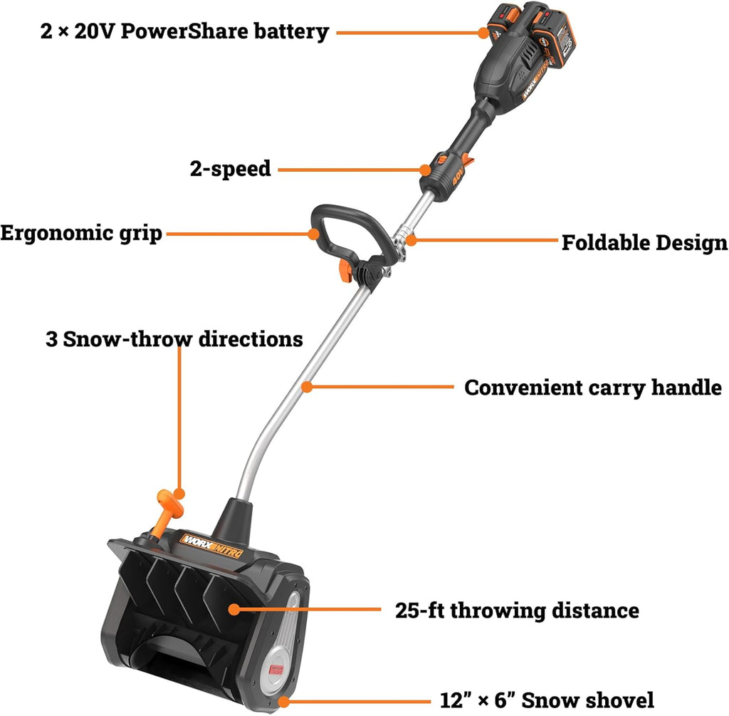 WORX Nitro 40V 12'' Cordless Snow Shovel  Electric Snow Thrower for 4-Car Driveway  Snow Removal with Brushless Motor & 2 Speed Control  2 × 4.0 Ah Batteries and Charger Included  WG460