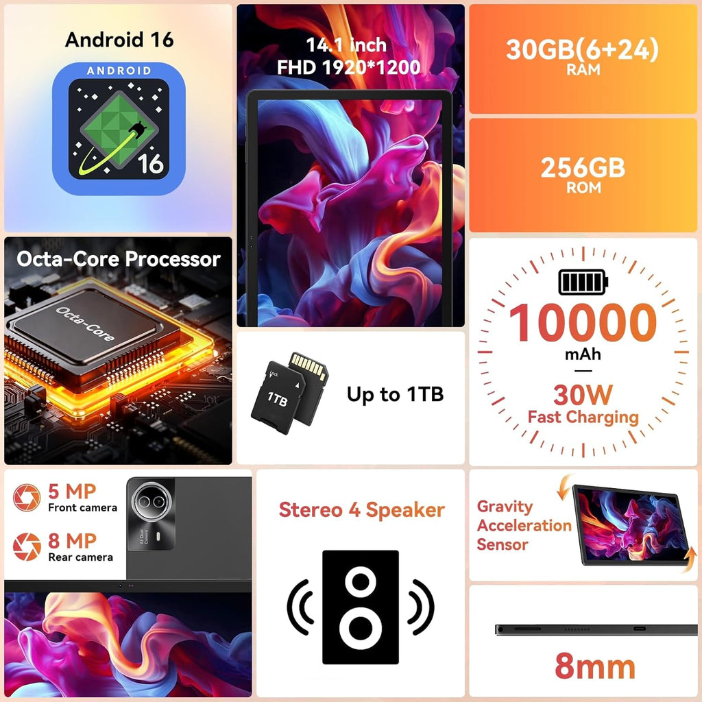 Tablet｜14 inch Android 16 Tablet｜30GB RAM 256GB ROM｜1920 * 1200 IPS FHD｜10000mAh 30W Fast Charging｜Octa-core Processor｜Wi-Fi 6  BT 5.4｜Dual Camera with Keyboard｜Mouse｜Stylus｜Case｜Headphone