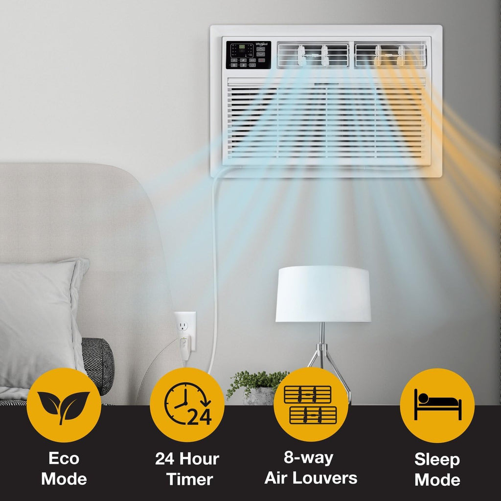 Whirlpool 12,000 BTU 230V Through-the-Wall Air Conditioner with Supplemental Heat, Dehumidifier and Remote, Wall AC Unit for Apartment, Living Room and Medium Rooms up to 550 Square Feet in White