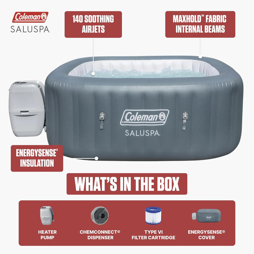 Coleman Hawaii 4 to 6 Person Inflatable Hot Tub  Square Energy-Efficient Portable Outdoor Spa with 140 AirJets  71" x 28"