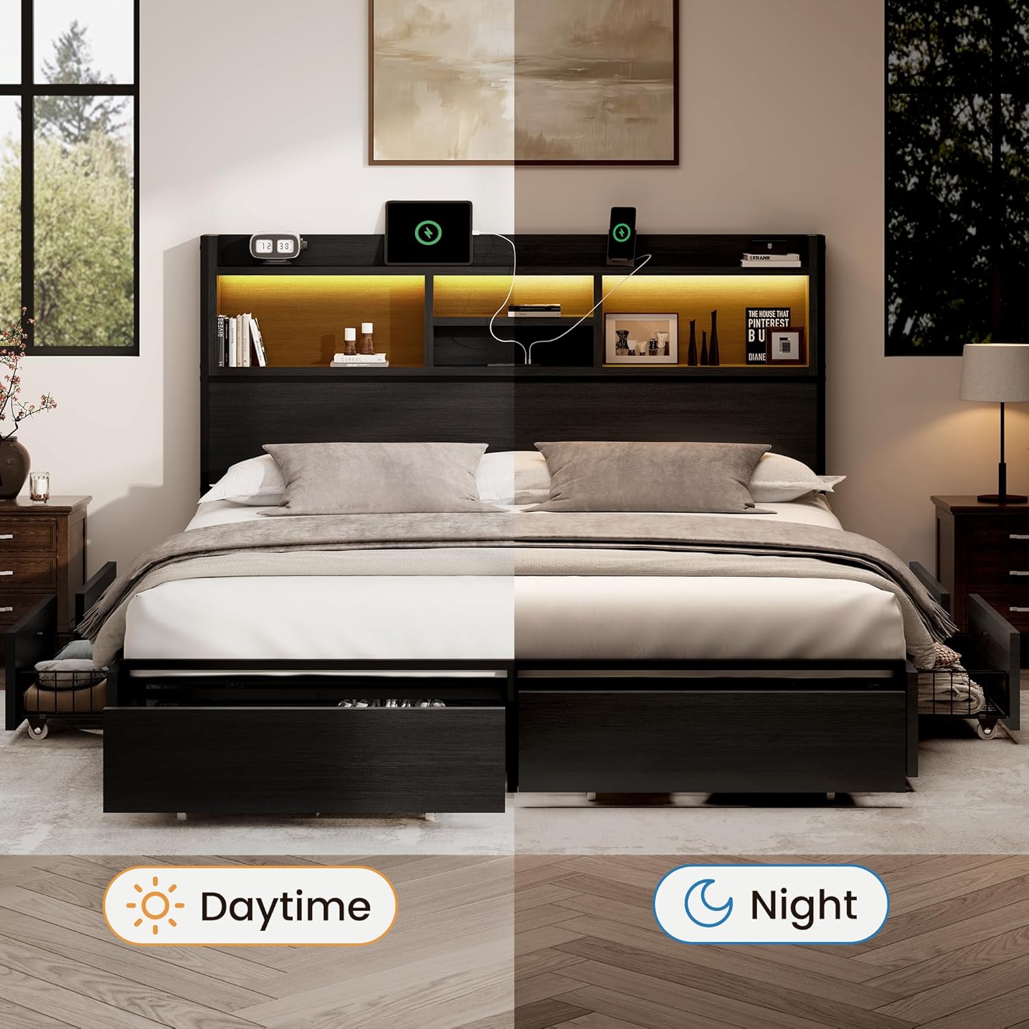 Queen Storage Bed Frame with 6 Drawers, USB Charging Station, No Noise, No Box Spring Required, Vintage Black Headboard Platform Bed